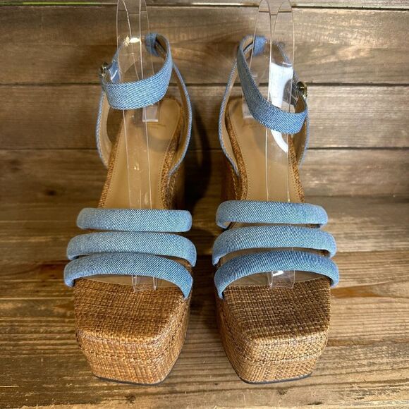 New NIB Womens Sam Edelman Tibby Blue Denim Wedge Heeled Sandals Shoes Size 9.5 - Picture 3 of 7